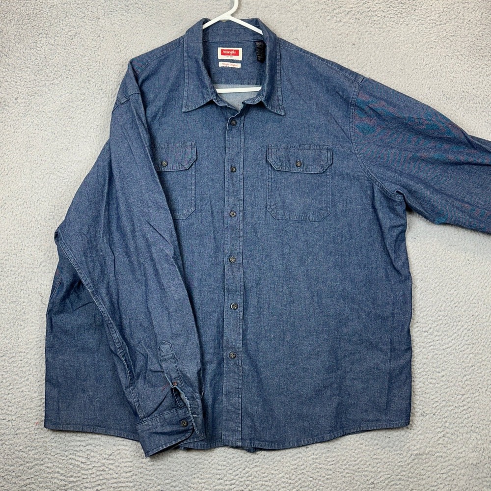 Wrangler Shirt Mens 3XL Flex for Comfort Navy Blue Denim Button Down Stretch EUC